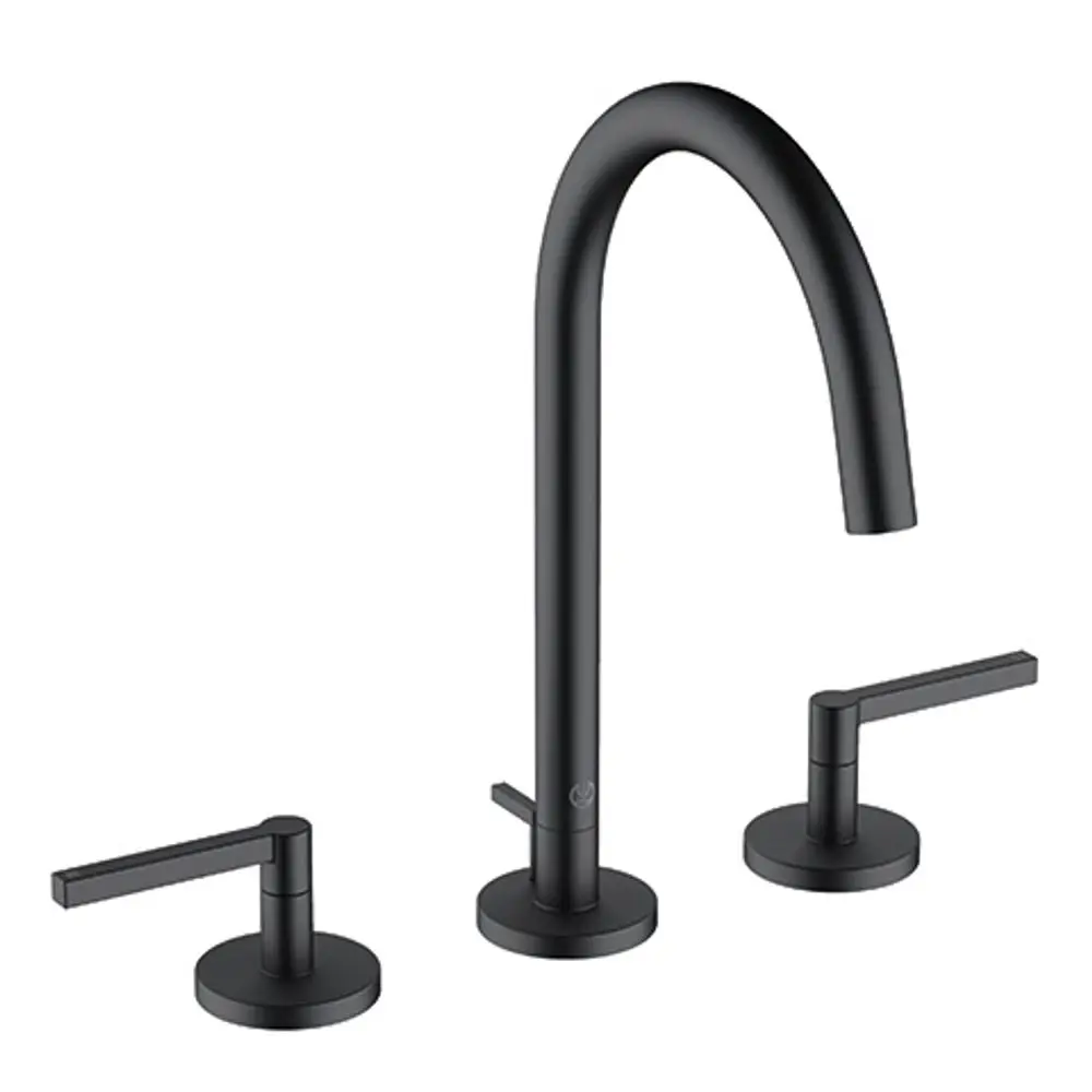 Schwarze Kludi Waschtischarmatur mit einem hohen, gebogenen Auslauf und zwei separaten Griffen für die Einstellung von Wasser und Temperatur. Dreilochmontage.